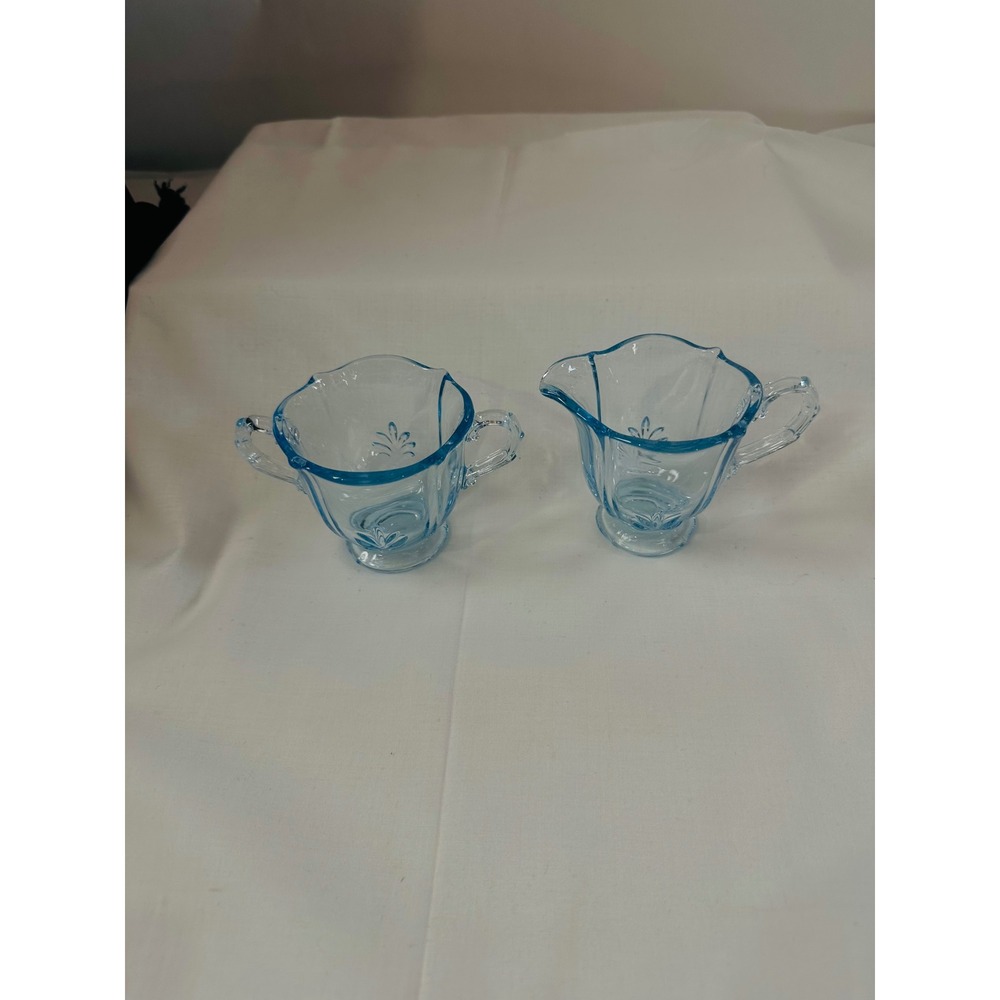Fostoria Baroque Azure Blue‎ Footed Cream and Sugar Set Vintage Depression Glass